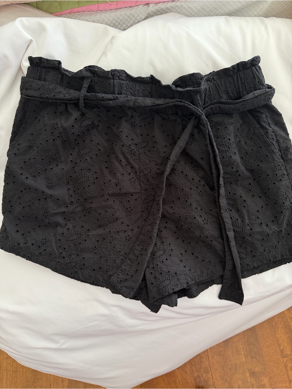 JustFab Black Eyelet Paperbag Waist Shorts with Tie Belt